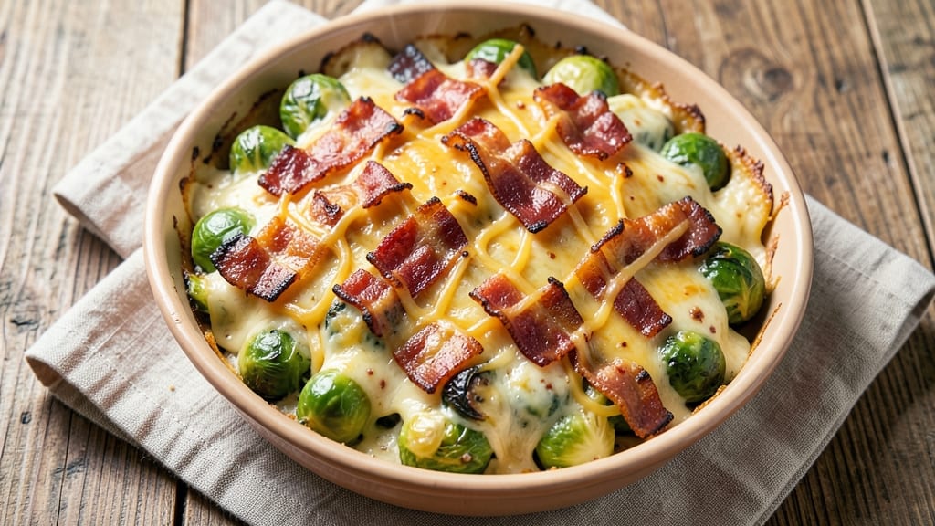 Bacon, Cheese, and Brussels Sprouts Casserole Recipe: Crispy-Topped Comfort in One Dish