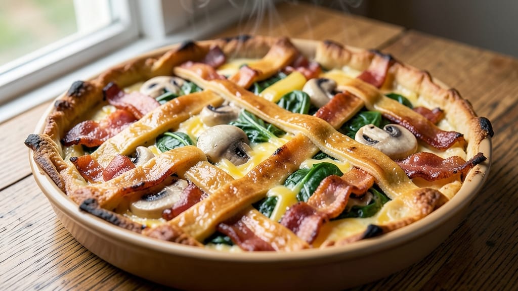 Bacon Mushroom Spinach Cheese Quiche Recipe: Flaky Crust Hugs Savory Layers