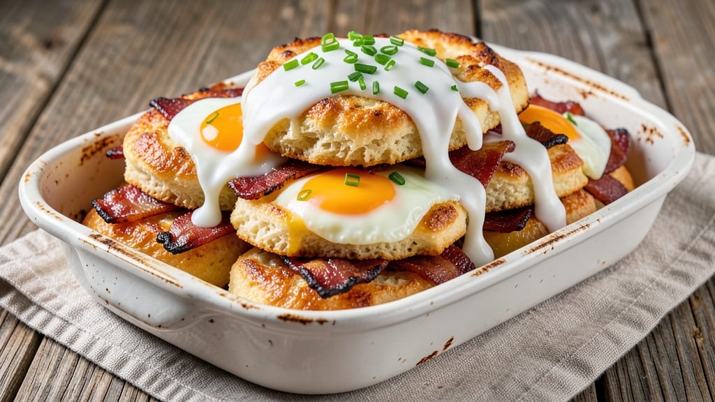 Bacon Egg and Cheese Biscuit Bake Recipe: Flaky Layers and Runny Yolk Magic